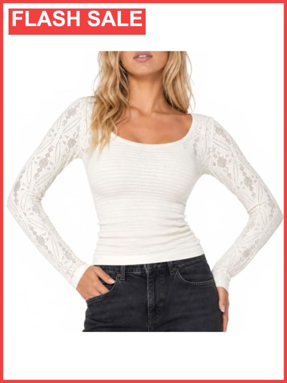Seamless Long Sleeve Scoop Neck Fitted Stretch Open Knit Sleeve Tee